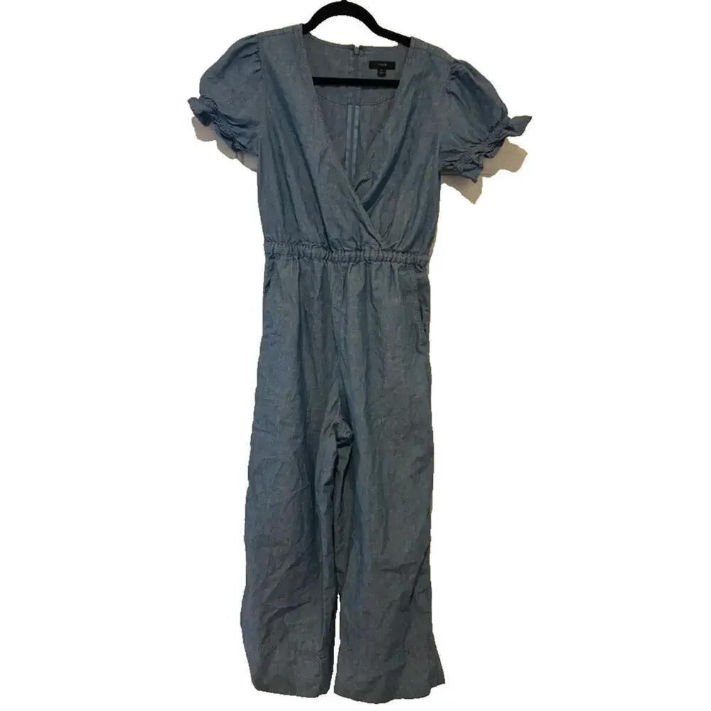 J‎ Crew sz 0 blue short sleeve chambray pants jumpsuit/romper V neck #3046
